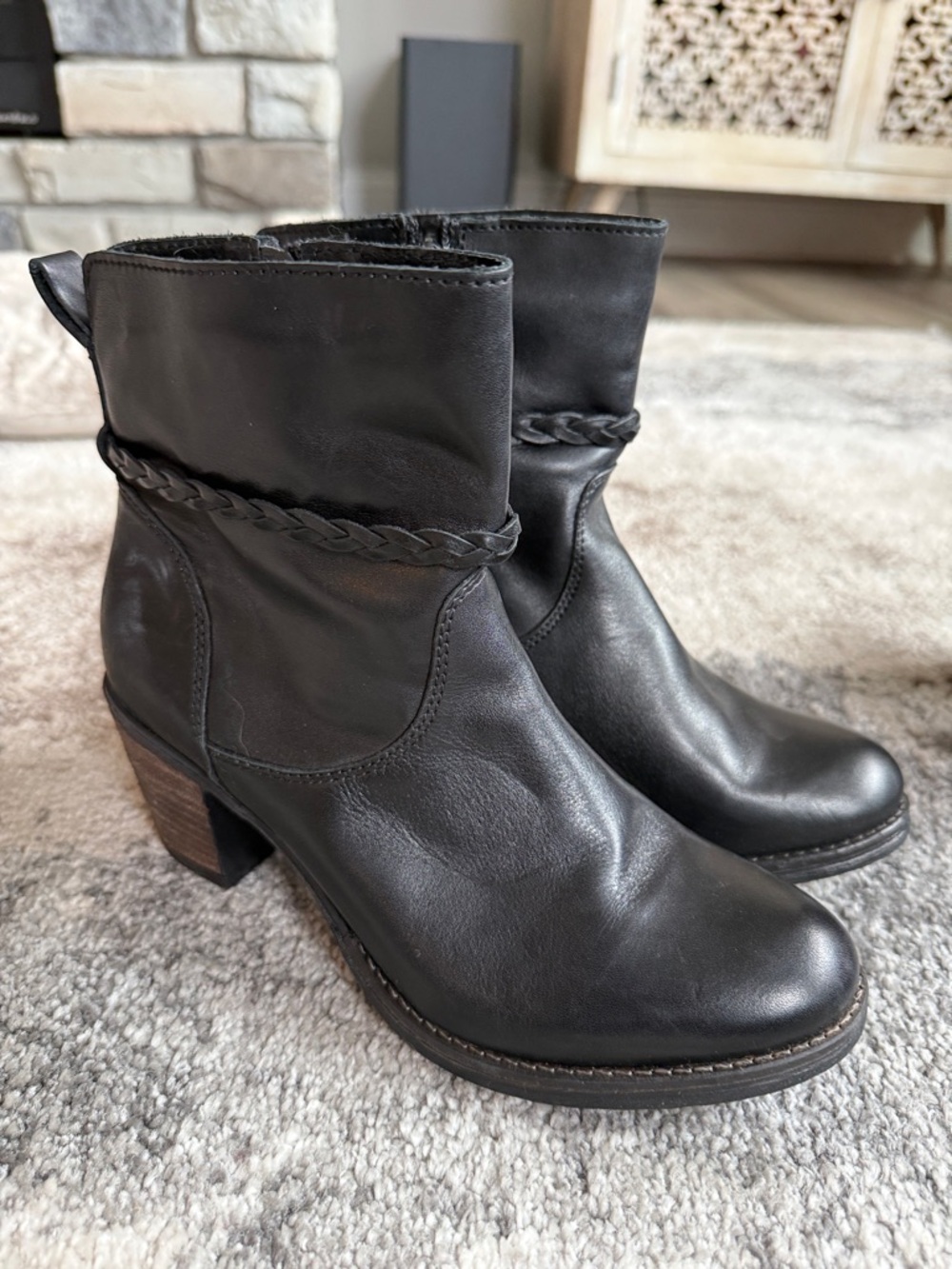 Black Women's Leather Ankle Boots with Braided Detail